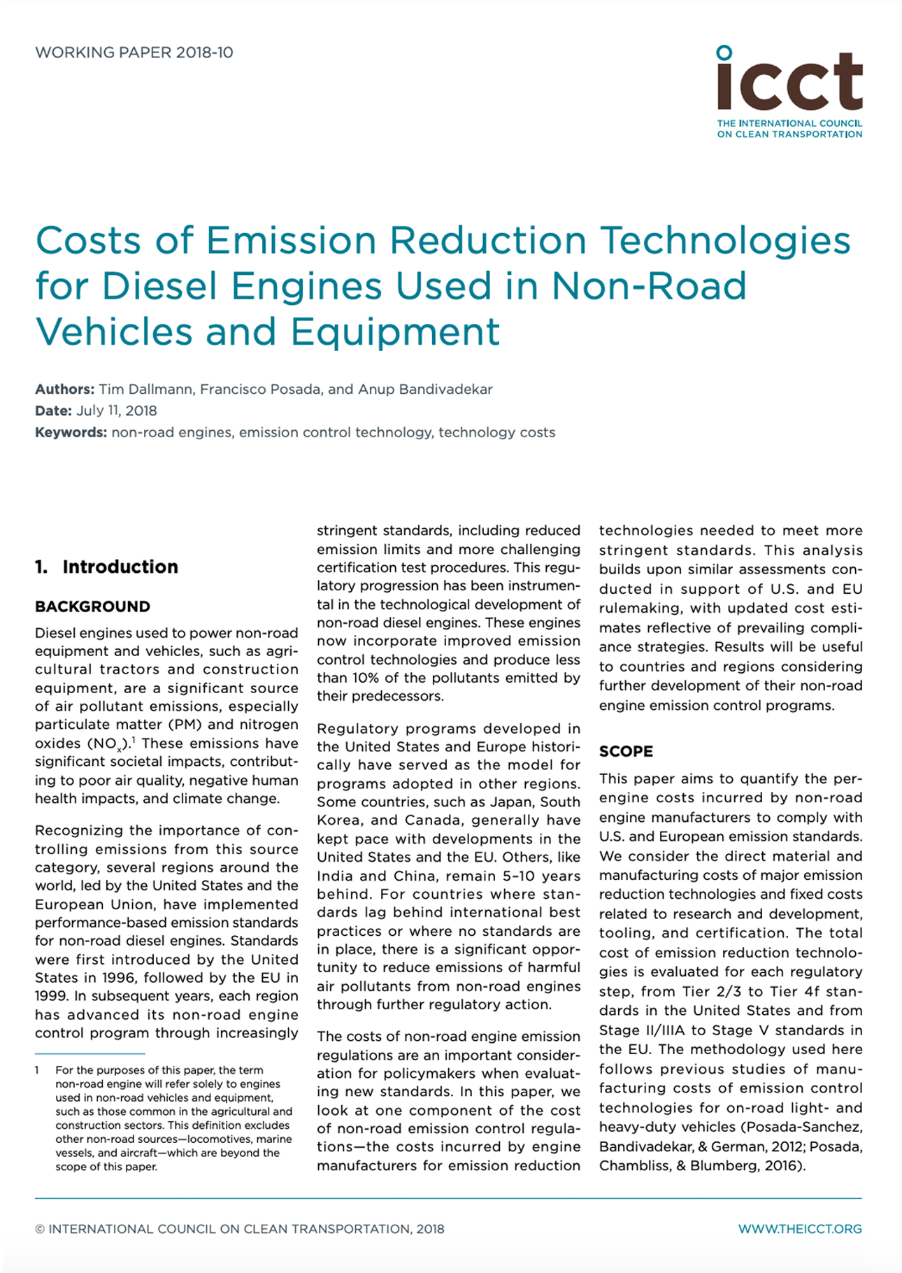 Costs of Emission Reduction Technologies for Diesel Engines Used in Non-Road Vehicles and Equipment