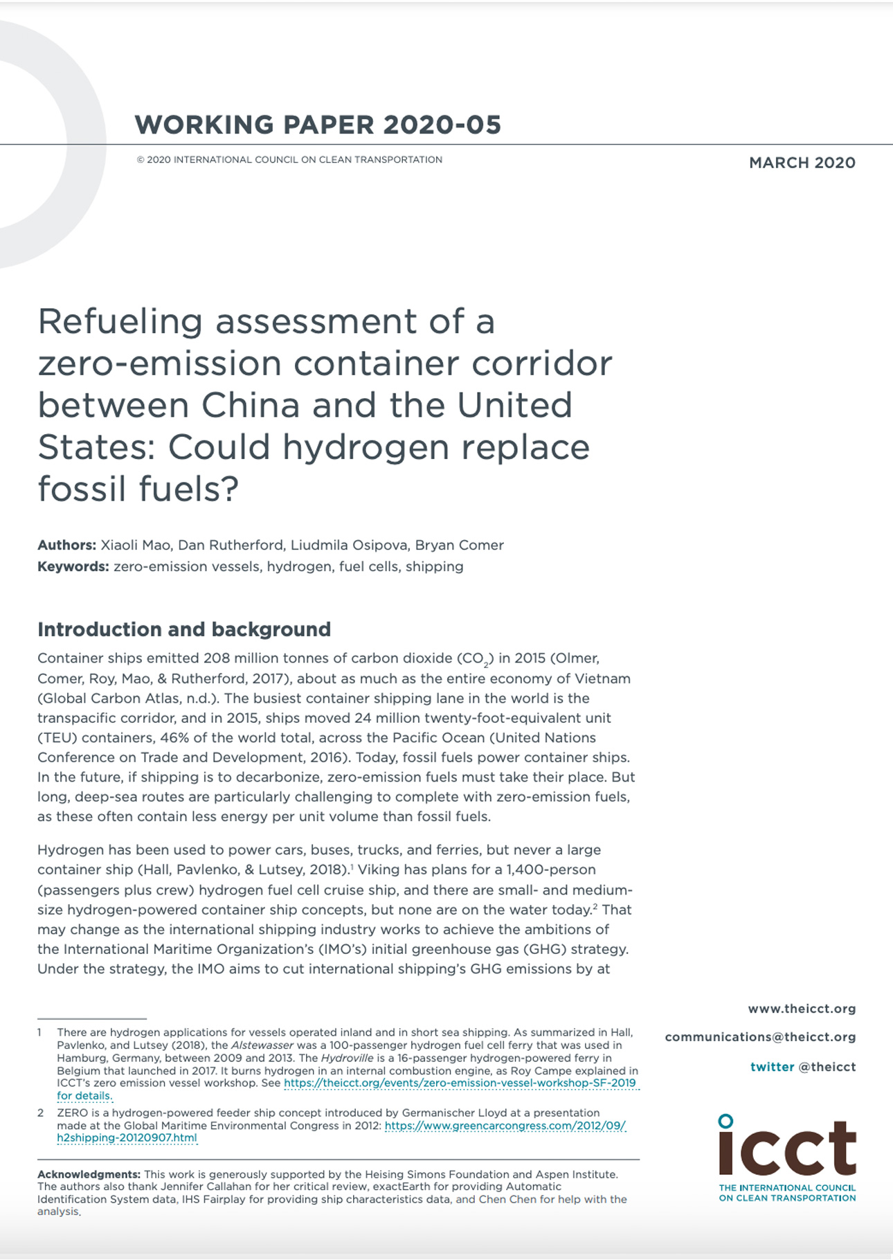 Refueling Assessment of A Zero-Emission Container Corridor between China and the United States: Could hydrogen replace fossil fuels?