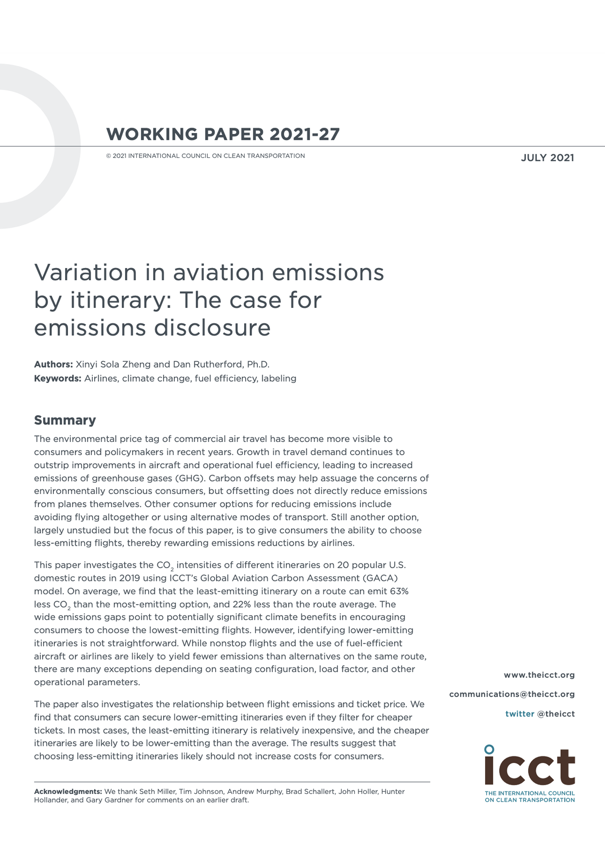 Variation in Aviation Emissions by Itinerary: The Case for Emissions Disclosure